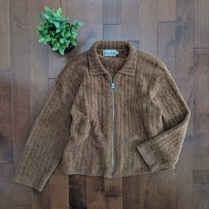NEUTRAL RIBBED FLUFFY SOFT ZIP UP VINTAGE CARDIGAN SWEATER
